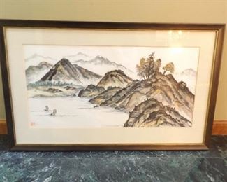 Framed Artist Signed Asian Themed Watercolor Wood Block
