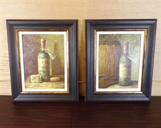 2 Wood Framed Oil on Canvas Paintings of Wine Bottles Signed "Jefferson"
