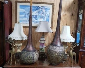 Vintage Lamps/Brass Deer Candle Holders/Rattan Coffee Table w/ Stools