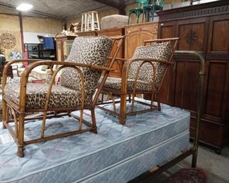 Brass Twin Bed/Rattan Chairs-Zebra Print