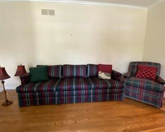 Beautiful Striped Couch, Plaid Armchair, and Lamps