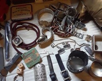 Old watches; tie clasps, cuff links, buckles