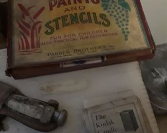 Old paint and stencil set; Kodak collectibles