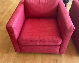 Pair of club chairs, 31.5"w x 33.5"d x 24.5"h. On castors, as found with a bit of fading. Comfy! ($200 three pieces)