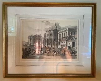 English hand coloured etching "Dr. Syntax- View of the Theatre House, Oxford" by Thomas Rowlandson (1756-1827).  Published in 1810 by Ackerman's Repository of Art Stand.  16"h x 20"w.  Matted image is 9.5"h x 12.75"w.  $60