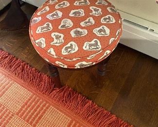 Dhurrie rug for sale in another photo.  $140  Round footstool 16"diameter x 17.5"h. $60