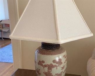 Asian porcelain lamp with rosewood finishes. $80