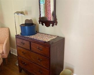 Mahogany chest of two short over two long drawers, bracket feet serpentine apron cockbeaded drawers with replacement brasses.  Pine secondary wood.  Sheraton style early 19th century, probably American 35.5"h x 35.5"w x 17.5"d   ($200)