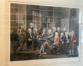 english colored engraving on paper “Bambridge on trial for murder” taken from a Hogarth Painting $80
