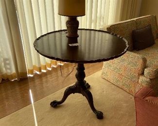 Anti-tilt top table approximately 36 inches diameter by 31 inches high with lovely piecrust edge. Needs a little restorafinish  asking $120