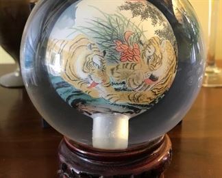 Vintage reverse painted glass globe with tigers