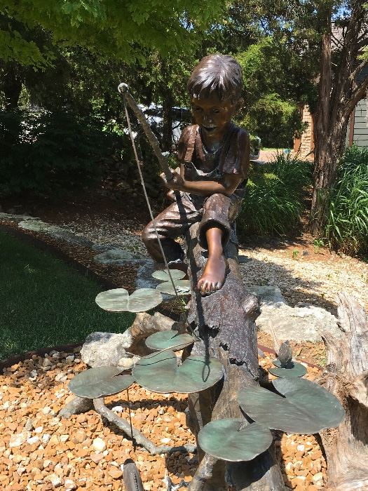OUTSTANDING RARE MARK HOPKINS #13/75 LIMITED EDITION 70 X 60 X 34 BRONZE SCULPTURE TITLED "FISHING HOLE". FEATURING A CUTE LITTLE BOY FISHING OFF A TREE BRANCH AND SHOWS  FISH DOWN BELOW.