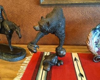 MARK HOPKINS BEAR "FISHING ROCK" BRONZE SCULPTURE.