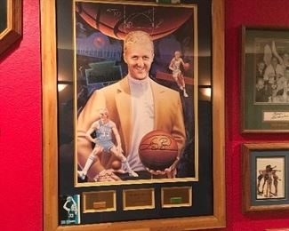 LARRY BIRD SIGNED FRAMED HARDWOOD SCARCE PRINT BY DAVID TAYLOR, WITH COA.