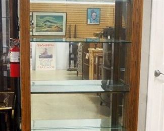 Illuminated Display Cabinet With 4 Glass Shelves, 3 Are Adjustable, Beveled Glass Front, Side Door Access (4), Lights From Top And Bottom
