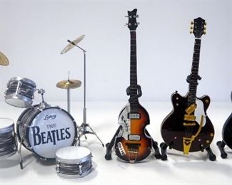 Axe Heaven Beatles Mini Guitars & Drum Set BT-265, Complete Set Of 4, Each In Boxes, Snare Detached, Pickup And Bridge On Harrison's Guitar Are Loose