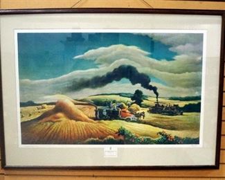 Thomas Hart Benton (American, 1889-1975) Autographed Print Of "Threshing Wheat", Framed, Matted, Under Glass, 45" Wide x 32" High