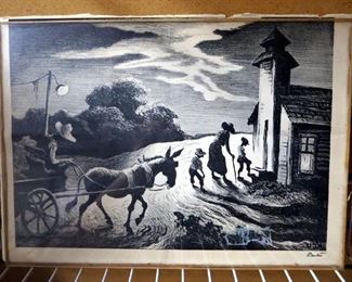 Autographed Thomas Hart Benton (American, 1889-1975) Lithograph Of "Prayer Meeting" (Study For Wednesday Evening), With Glass Pane