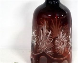 Red Crystal Decanter, 6 Stemmed Glasses, And Red Glass Bottle