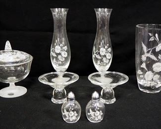 Avon Hummingbird Crystal Covered Candy Dish, Bud Vases (2), Vase, Candle Stick And Salt & Pepper