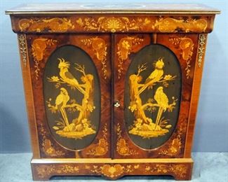 Italian Napoleon III Style Walnut Cupboard, Inlaid Surface, Walnut, Briar And Rosewood Doors, With Key, 41" High x 41" Wide x 12.5" Deep
