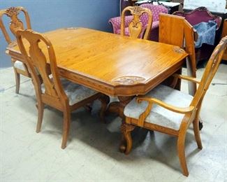 A-America Solid Oak Dining Table With Carved Wood Floral Corners, Gear Track Expanders For 2 Leaf Inserts, 4 Matching Chairs