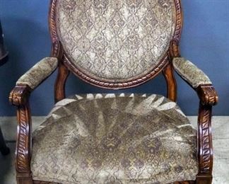 Upholstered Arm Chair With Padded Seat, Back And Arms, And Carved Wood Design, 41" High