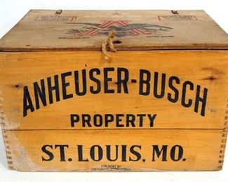 1944 Anheueser-Busch Wood Bottle Crate With Strapped Hinge Lid, Holds 24- 12 oz Bottles, 10.25" High x 17" Wide x 11.5" Deep