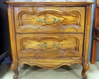 Two-Drawer Nightstand With Brass Pulls And Scalloped Edge Top, 25.5" High x 26" Wide x 16" Deep