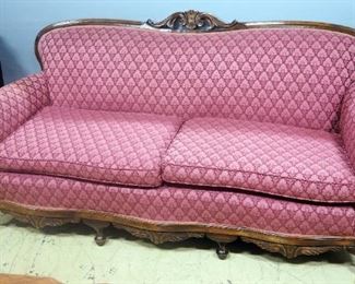 Victorian Style Sofa With Removable Seat Cushions, Curved Arm Rests And Carved Trim, 36" High x 80" Long x 34" Deep