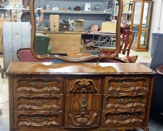 Vintage Dresser, With 9 Drawers, Brass Pulls, Dovetail Construction, 33" High x 64" Long x 18" Deep, With Detached Mirror, 34.5" High x 43" Wide