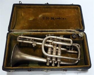 Vintage Cornet With 3 Mouth Pieces, Pearl On Tops Of Valves, In Case