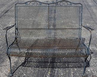 Wire Patio Dining Set, Includes Table 48" Dia., Bench, 3 Chairs(1 Rocks) And Umbrella With Stand