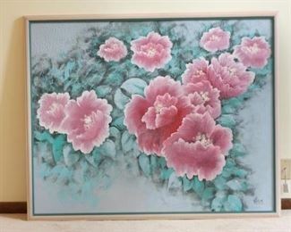 Large Signed 1980s Framed Floral Painting