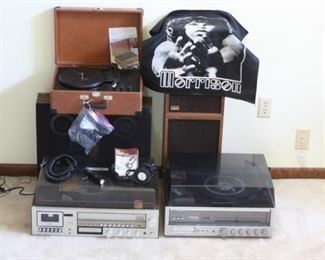 Lot of 3 Turntables 4 Speakers a Jim Morrison Bandana and Other Audio Accessories
