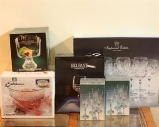 Lot of Crystal Stemware and Other Glass in Boxes