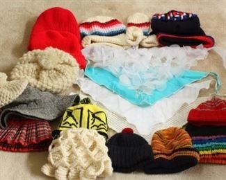 Lot of Winter Hats Beanies and Handmade Tie On Head Scarves