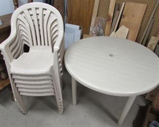 Round Beige Plastic Patio Table with Chairs
