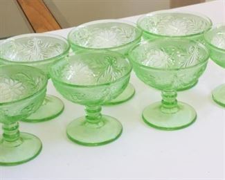 Set of Vintage Small Green Glass Coupe Champagne Glasses