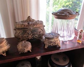 Great collection of ornate boxes and great tobacco jar