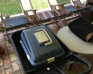 Lawn chairs, small table, pet carrier, 