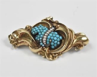 Victorian Turquoise & Pearl Pin 14K