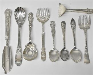 9 Sterling Serving Pieces and Souvenir Spoons