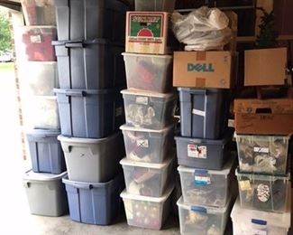 All these tubs contain contemporary Christmas decorations in excellent condition. Greenery, silk florals, tabletop decorations, wreaths, lights, ornaments, tree, and more. 