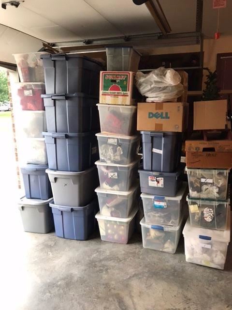 All these tubs contain contemporary Christmas decorations in excellent condition. Greenery, silk florals, tabletop decorations, wreaths, lights, ornaments, tree, and more. 