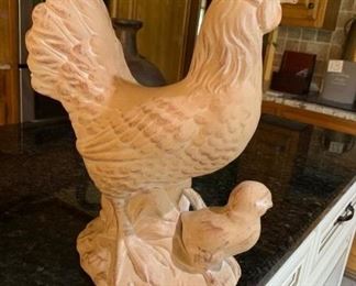 Clay/porcelain hen w chick 13 1/2” t