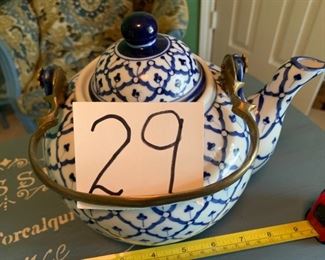 Amber Sadek collectible blue and white teapot. No flaws. 9” W x 8” t