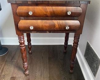 2 drawer burled wood night stand/side table with barley twist legs and crystal handles  BUY IT NOW $120