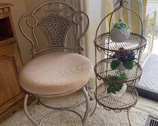 Modern vanity chair, regency plant stand. 