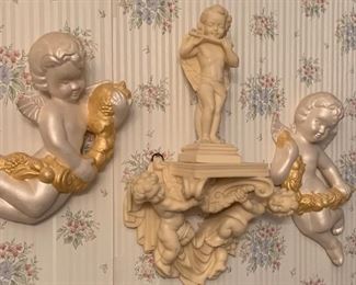 Hand Painted cherubs, resin cherub shelf & statue. 